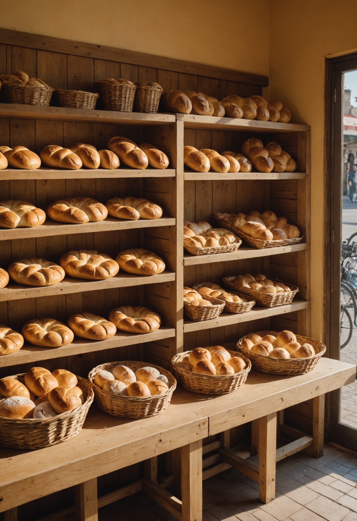 Estantes de madera con pan recién horneado en una panadería de barrio